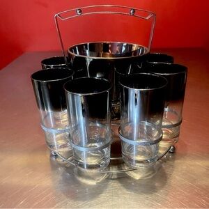 MCM Vintage Dorothy Thorpe Mercury Fade 8 Glass High Balls W/ Holder &Ice Bucket